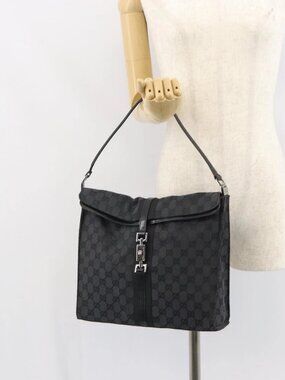 GUCCI GG Canvas Jackie Shoulder Bag Black Silver 001 3355 2123 Auth 163556